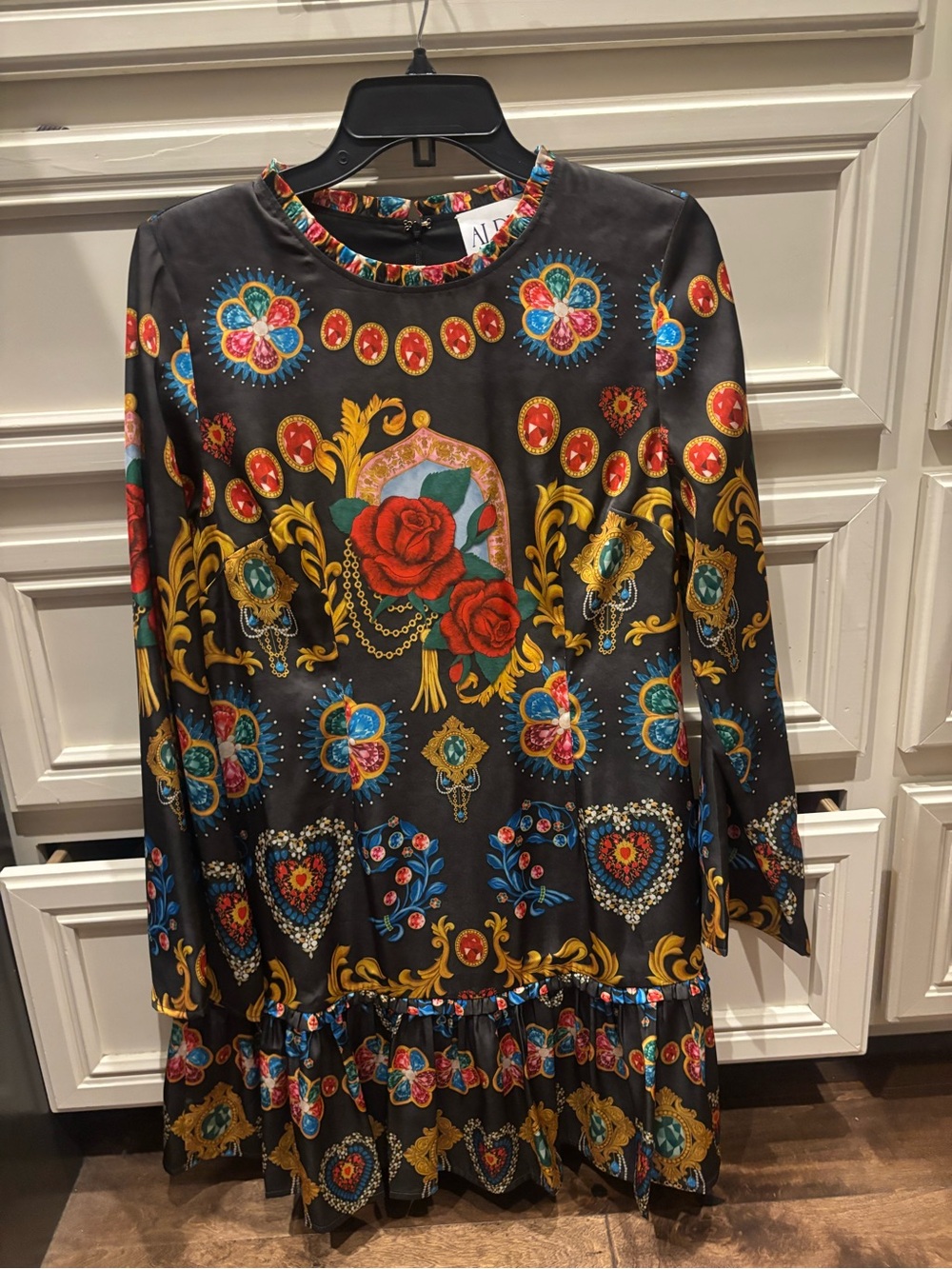Alden Adair Baroque Black Dress with Red Rose Motif, Size Medium